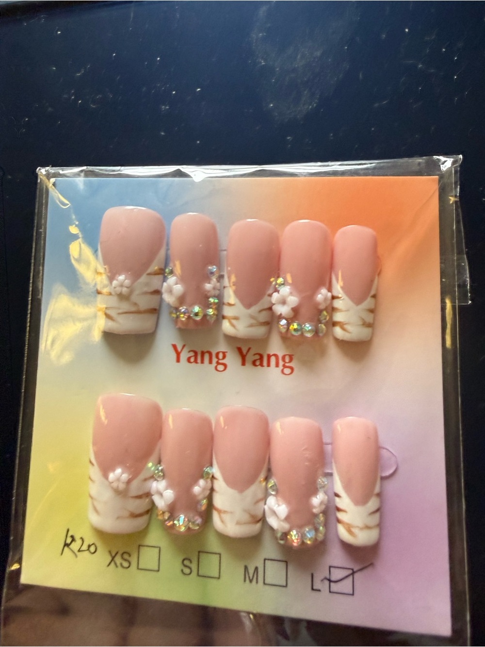 Hand Painted acrylic Pink Floral Rhinestone Press-On Nail Set